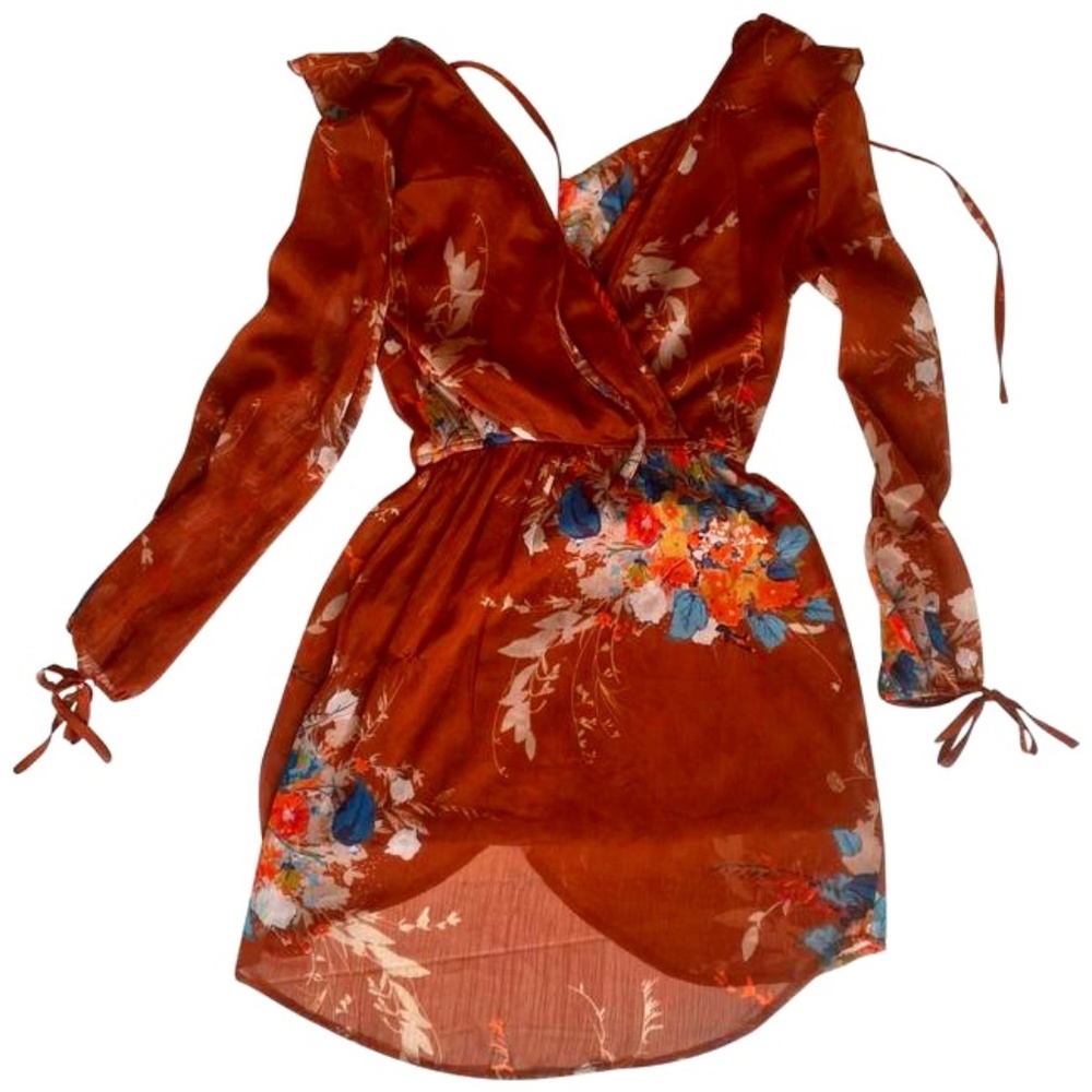 BAND OF GYPSIES Orange Rust and Blue Floral Boho Wrap Dress Size S